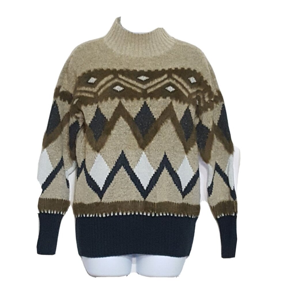 a.n.a 90s Womans S Turtleneck Pullover Sweater Argyle Fuzzy Green Navy